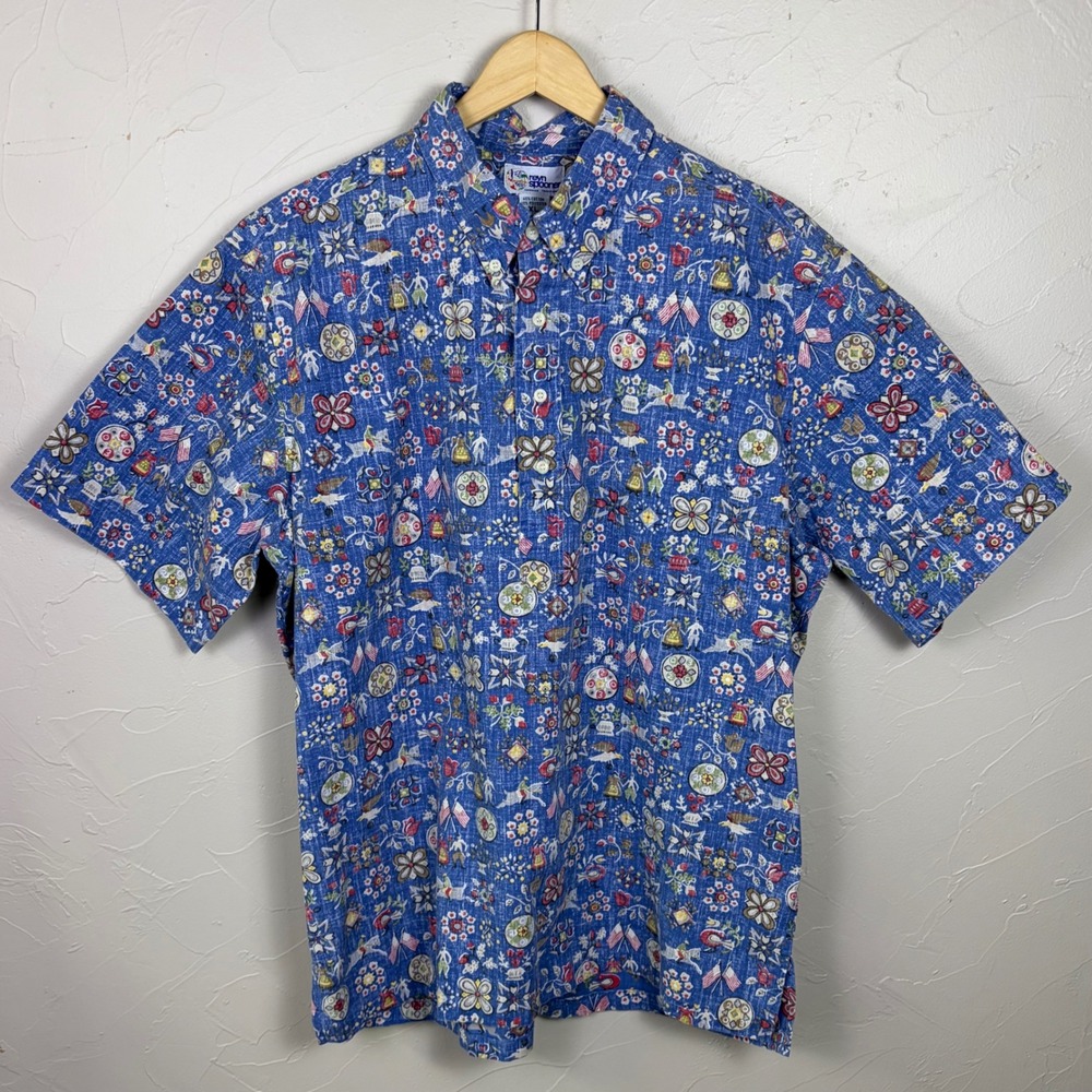 Vintage Reyn Spooner Shirt XL Americana Folk Art AOP Patriotic Hawaiian Blue
